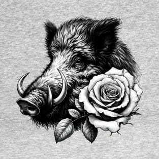 Wild Boar with Rose - Stunning Wildlife Illustration T-Shirt